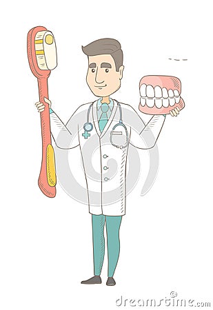 Dentist with dental jaw model and toothbrush. Vector Illustration