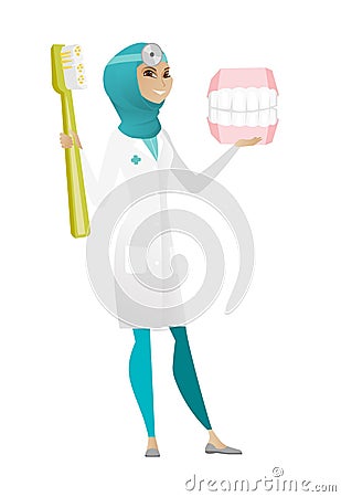 Dentist with dental jaw model and toothbrush. Vector Illustration