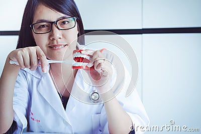 Dentist diagnose teeth model dentures with toothbrush,dental hygienist checkup concept Stock Photo