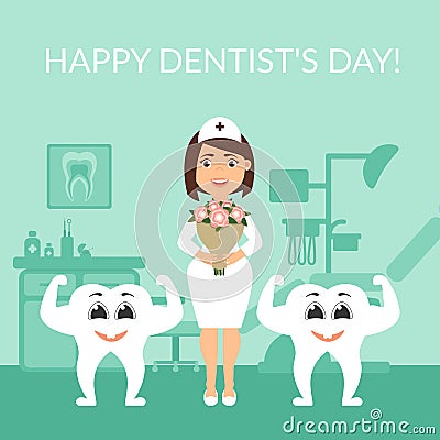 Dentist doctor with a bouquet of flowers. Two healthy beautiful white teeth. Greeting card. International day of the Vector Illustration