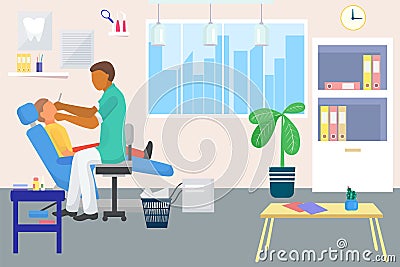 Dentist doctor care about patient oral health, vector illustration, dentistry office in clinic, dental hygiene for kid Vector Illustration