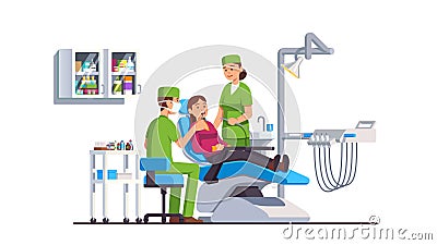 Dentist doctor examining patient lying at chair Vector Illustration
