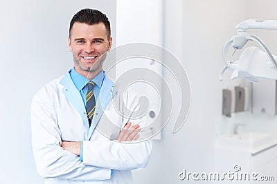 Dentist Doctor Portrait. Young Man at His Workplace. Dental Clin Stock Photo