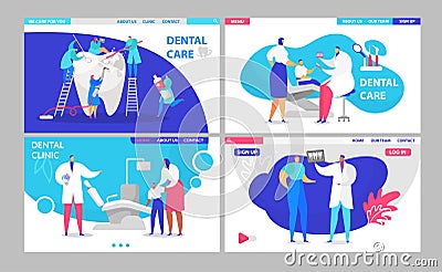 Dentist doctor visit landing pages set with patients in dental clinic, healthy tooth treatment and tiny medics people Vector Illustration