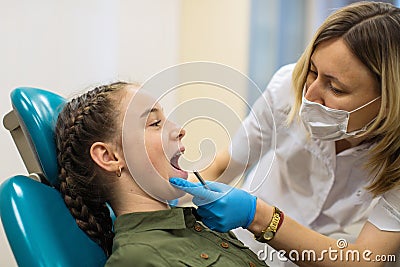 Dentist doing teeth checkup of little girl at medical room. Stock Photo