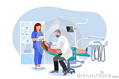 Dentist examines patient in dentist chair. Woman visits orthodontist at modern dental clinic. Vector flat illustration Vector Illustration