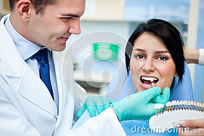 Dentist examining a whiteness of teeth of a patient Stock Photo