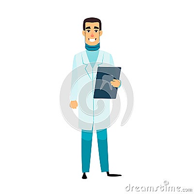 Dentist flat cartoon character. Stomatologist is holding an x-ray of the tooth. Doctor with radiograph. Dentist vector Vector Illustration