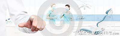 Dentist hand touch screen on dental clinic with dentist`s chair Stock Photo