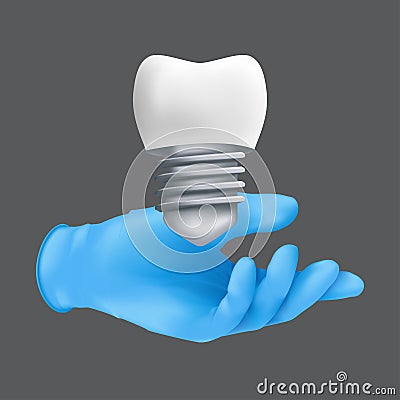 Dentist hand wearing blue protective surgical glove holding a ceramic model of the tooth. 3d realistic vector illustration of Vector Illustration