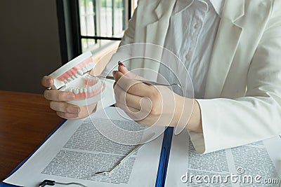 The dentist has shown the use of dental tools with samples tooth model in the clinic. Orthodontic dental professional Stock Photo