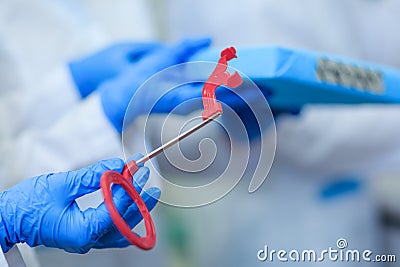 Dentist holding dentistry tool. Dentist with dentistry tools in Stock Photo