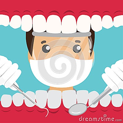 Dentist holding instruments and examining patient teeth. Patient mouth inside view. Teeth examination dentistry concept Vector Illustration