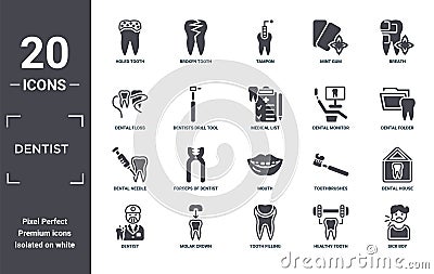 dentist icon set. include creative elements as holed tooth, breath, dental monitor, mouth, molar crown, dental needle filled icons Vector Illustration