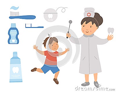 Dentist and ill kid patient vector illustration. Cute teeth doctor and dental care tools for kids. Mouth hygiene picture for Vector Illustration