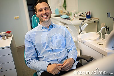 Dentist Inspecting Teeth Of Young Man. Stock Photo