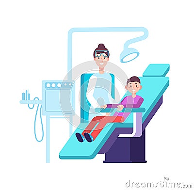 Dentist and kid patient. Doctor exams childs teeth in dental office. Dentistry, oral hygiene and stomatology vector Vector Illustration