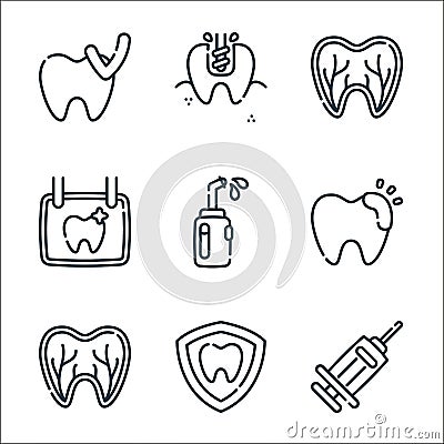 dentist line icons. linear set. quality vector line set such as anesthesia, shield, nerves, temporary, irrigator, dentist, nerves Vector Illustration