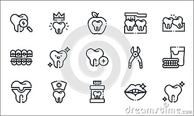 dentist line icons. linear set. quality vector line set such as clean tooth, mouthwash, dental crown, mouth, dental care, brackets Vector Illustration