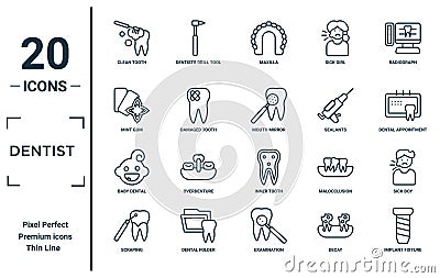 dentist linear icon set. includes thin line clean tooth, mint gum, baby dental, scraping, implant fixture, mouth mirror, sick boy Vector Illustration