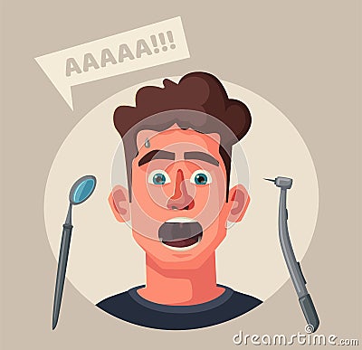 Dentist looking into open mouth of patient. Funny afraid person. Cartoon vector illustration Vector Illustration