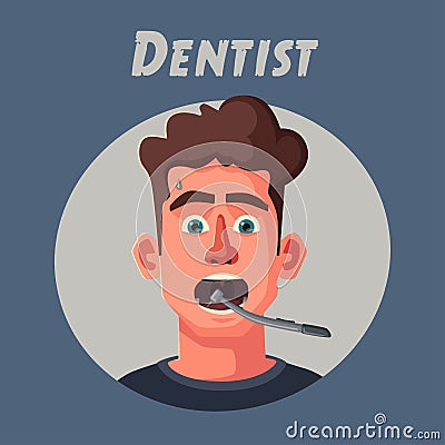 Dentist looking into open mouth of patient. Funny afraid person. Cartoon vector illustration Vector Illustration