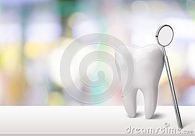 Big tooth and dentist mirror in dentist clinic on Stock Photo