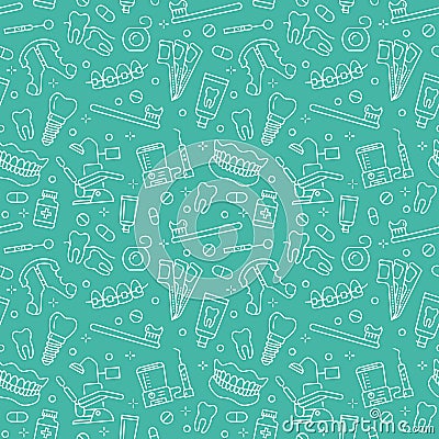 Dentist, orthodontics blue seamless pattern with line icons. Dental care, medical equipment, braces, tooth prosthesis Vector Illustration
