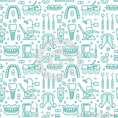 Dentist, orthodontics blue seamless pattern with line icons. Dental care, medical equipment, braces, tooth prosthesis Vector Illustration