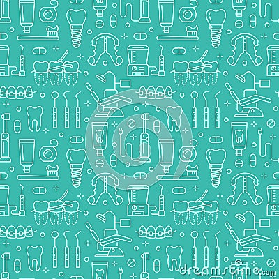 Dentist, orthodontics blue seamless pattern with line icons. Dental care, medical equipment, braces, tooth prosthesis Vector Illustration