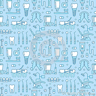 Dentist, orthodontics blue seamless pattern with line icons. Health care background for dentistry clinic. Dental care Vector Illustration