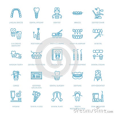 Dentist, orthodontics line icons. Dental care equipment, braces, tooth prosthesis, veneers, floss, caries treatment and Vector Illustration