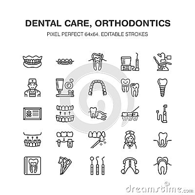 Dentist, orthodontics line icons. Dental equipment, braces, tooth prosthesis, veneers, floss, caries treatment medical Vector Illustration