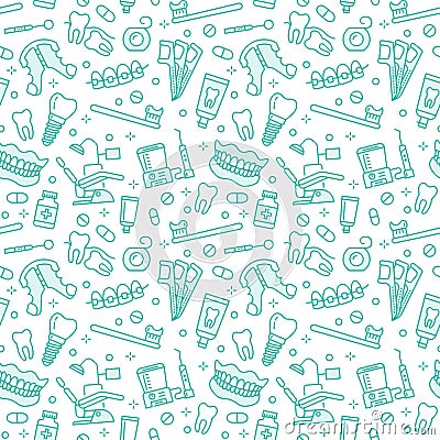 Dentist, orthodontics seamless pattern with line icons. Dental care, medical equipment, braces, tooth prosthesis, floss Vector Illustration