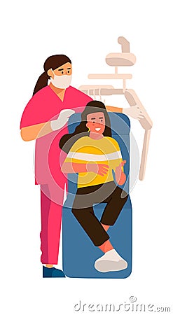 Dentist and patient. Cartoon scene in dental clinic. Young woman sitting in armchair, doctor preparing instruments and Vector Illustration