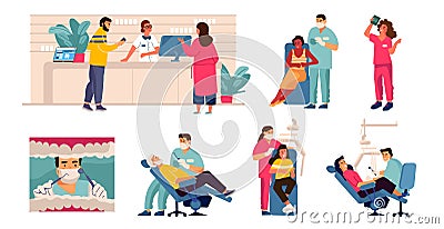 Dentist and patient. Cartoon scenes with tooth care, man in dental chair, mouth checkup and examination. Vector Vector Illustration