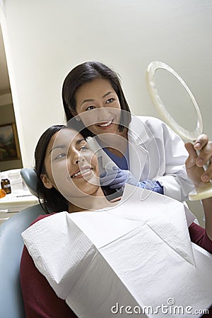 Dentist And Patient Looking In Mirror Stock Photo