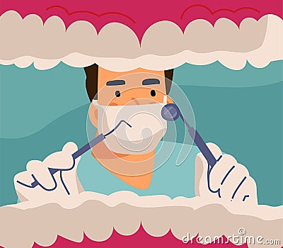 Dentist and patient. Man in dental chair, doctor treats teeth. Health care, oral hygiene. Mouth checkup and examination Vector Illustration