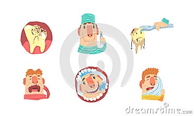 Dentist Taking Care of Teeth Set, Doctor Treating Patient with Carious Teeth, Stomatology, Dentistry Cartoon Vector Vector Illustration