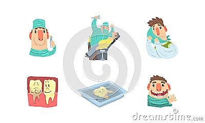 Dentist Taking Care of Teeth Set, Doctor Treating Unhealthy Teeth with Caries Cavity, Stomatology, Dentistry Cartoon Vector Illustration