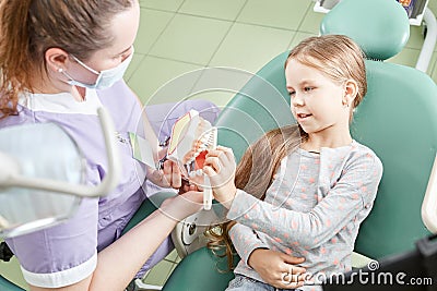 Dentist teaching girl how to brush teeth. Pediatric dentist educating a child about tooth-brushing on a model Stock Photo