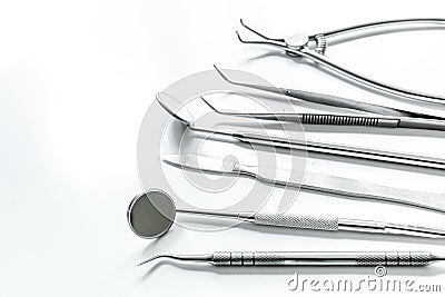 Dentist tools close up on white hospital desk background mockup Stock Photo