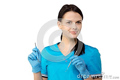 Dentist with tools. Dentist. The concept of dentistry, whitening Stock Photo