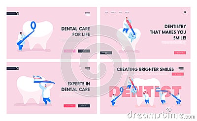 Dentist Work in Stomatology Clinic Landing Page Template Set. Tiny Doctors Characters Care of Huge Tooth Vector Illustration