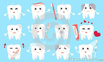 Dentistry banner on blue background. Cute tooth sick and healthy. Vector Illustration