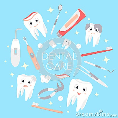 Dentistry banner on blue background. Cartoon Illustration