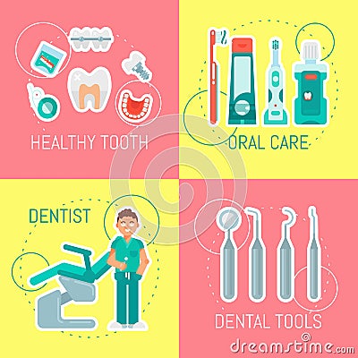 Dentistry banner vector illustration. Dental clinic, oral care with brush, paste, mouse wash. Set of dental tools and Vector Illustration