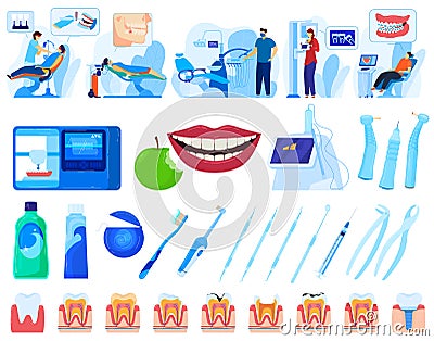 Dentistry, dental health vector illustration set, cartoon flat medical teeth healthcare infographic collection isolated Vector Illustration