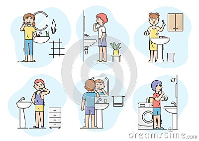 Dentistry And Health Care Concept. Set Of Characters Boys And Girls Cleaning Teeth With Toothbrush In Bathroom. Oral Vector Illustration