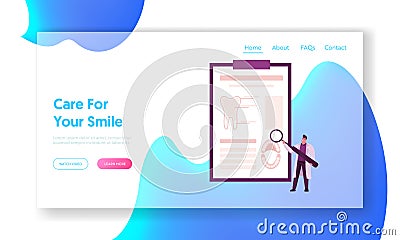 Dentistry, Implant Installation Landing Page Template. Male Doctor Stomatologist Character Holding Glass Vector Illustration